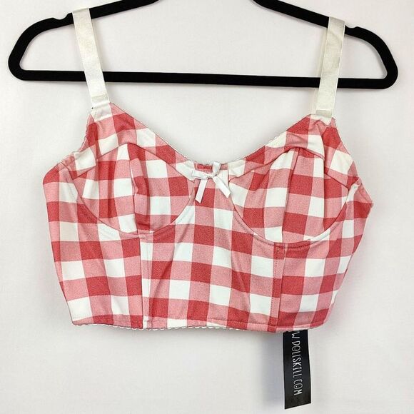 NWT Dollskill ♡ Current Mood ♡ Pink and White Gingham Bustier Crop Top - Picture 1 of 4